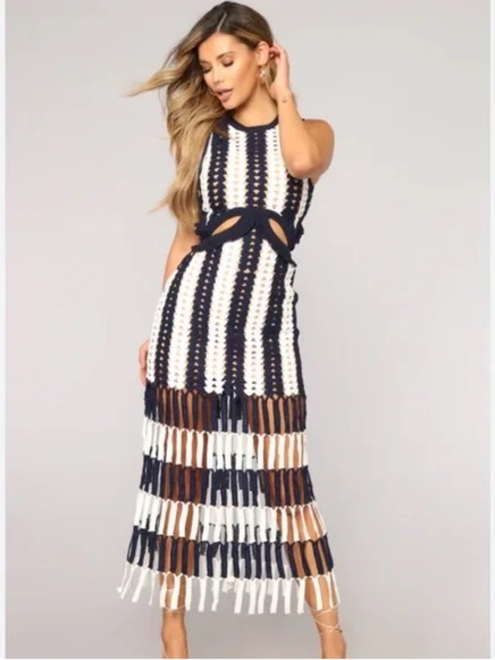Self-Portrait Striped Crochet Knit Midi Dress, Navy and white - size 2